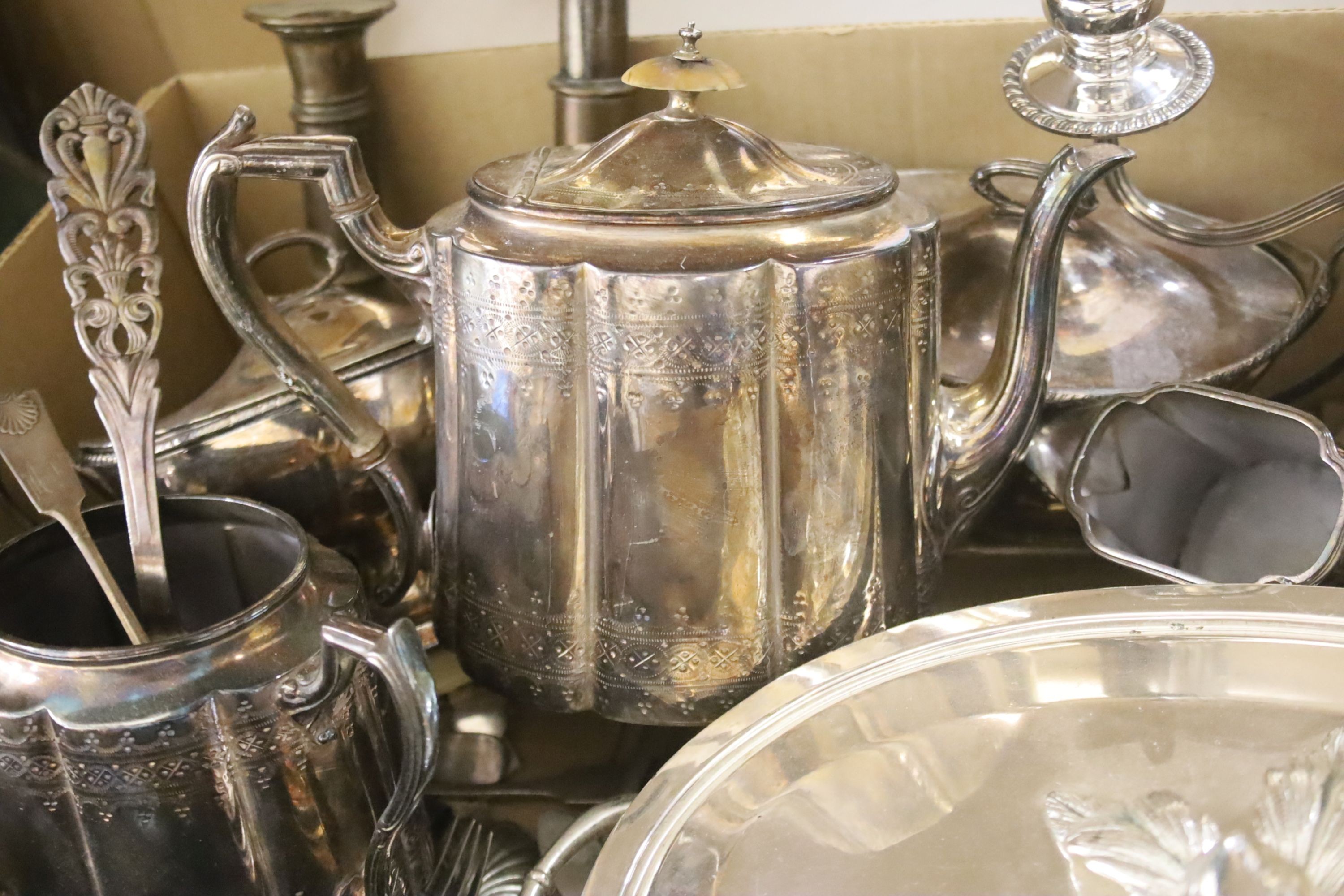 Assorted plated wares including tea set, candelabra, flatware, 19th century tureens and covers etc.